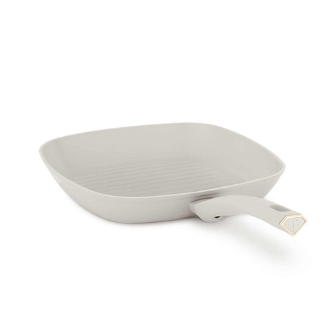 Product image of Grill pan with lid 28cm. Part of the MATTE CREAM- GOLD . Features: • Material: forged aluminum with non-stick titanPro coating • Grill pan with lid Ø28*4,1 cm 2,1L • Color: matt cream- gold. (Studio view). Official Berlinger Haus product, boosted by Promintra sl.