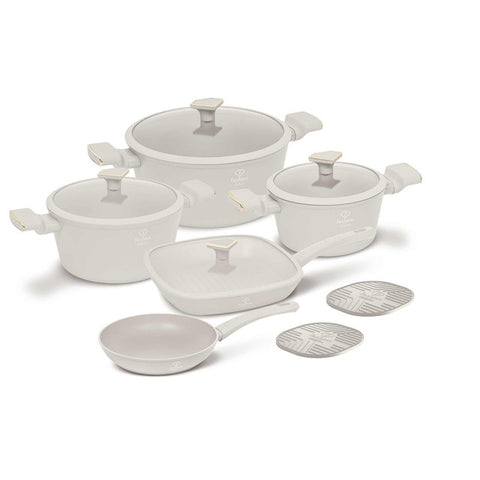 Product image of 11pcs cookware set. Part of the MATTE CREAM- GOLD . Features: • Material: forged aluminum with non-stick titanPro coating • Include: • Frypan Ø24*4,8 cm 1,7L • Grill pan with lid Ø28*28*4,1 cm 2,1L • Casserole.... (Studio view). Official Berlinger Haus product, boosted by Promintra sl.