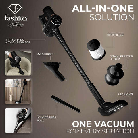 Product image of Vacuum cleaner with BLDC motor (5x stronger motor). Part of the MATTE BLACK- ROSE GOLD . Features: • Voltage: 22,2 V (Li-ION battery) • 250 W • BLDC motor (5x stronger motor) - Vacuum >24Kpa super powerful suction • LED display • Accessories: • L.... (Conceptual view). Official Berlinger Haus product, boosted by Promintra sl.