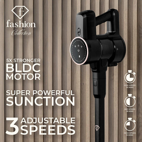 Product image of Vacuum cleaner with BLDC motor (5x stronger motor). Part of the MATTE BLACK- ROSE GOLD . Features: • Voltage: 22,2 V (Li-ION battery) • 250 W • BLDC motor (5x stronger motor) - Vacuum >24Kpa super powerful suction • LED display • Accessories: • L.... (Conceptual view). Official Berlinger Haus product, boosted by Promintra sl.