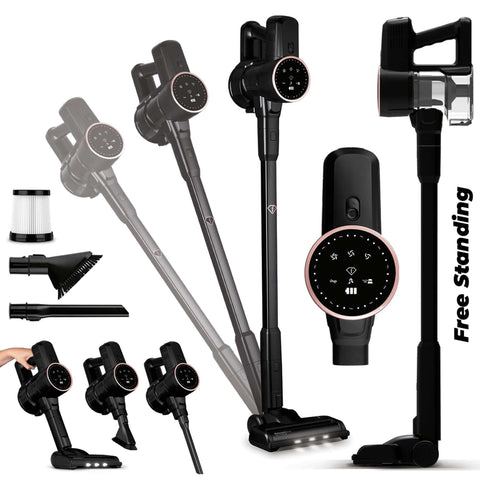 Product image of Vacuum cleaner with BLDC motor (5x stronger motor). Part of the MATTE BLACK- ROSE GOLD . Features: • Voltage: 22,2 V (Li-ION battery) • 250 W • BLDC motor (5x stronger motor) - Vacuum >24Kpa super powerful suction • LED display • Accessories: • L.... (Conceptual view). Official Berlinger Haus product, boosted by Promintra sl.