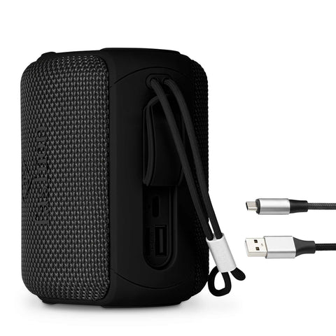 Product image of Bluetooth speaker small size. Part of the MATTE BLACK- ROSE GOLD . Features: • Size: 8,5*8,9*11,5 cm • Bluetooth version 5.2 • Accessories: • Type C charging cable • Travel bag • Color: black- rose gold. (Studio view). Official Berlinger Haus product, boosted by Promintra sl.
