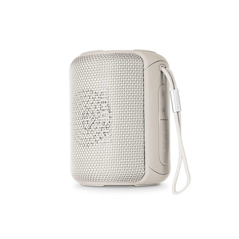 Product image of Bluetooth speaker small size. Part of the MATTE CREAM- GOLD . Features: • Size: 8,5*8,9*11,5 cm • Bluetooth version 5.2 • Accessories: • Type C charging cable • Travel bag • Color: cream- gold. (Studio view). Official Berlinger Haus product, boosted by Promintra sl.