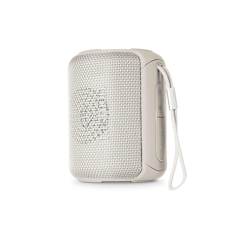 Product image of Bluetooth speaker small size. Part of the MATTE CREAM- GOLD . Features: • Size: 8,5*8,9*11,5 cm • Bluetooth version 5.2 • Accessories: • Type C charging cable • Travel bag • Color: cream- gold. (Studio view). Official Berlinger Haus product, boosted by Promintra sl.