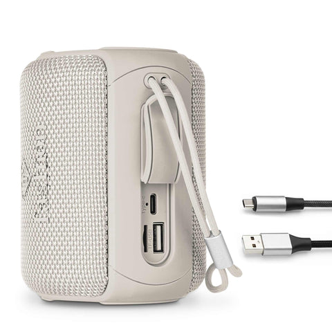 Product image of Bluetooth speaker small size. Part of the MATTE CREAM- GOLD . Features: • Size: 8,5*8,9*11,5 cm • Bluetooth version 5.2 • Accessories: • Type C charging cable • Travel bag • Color: cream- gold. (Studio view). Official Berlinger Haus product, boosted by Promintra sl.