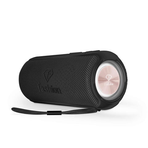 Product image of Bluetooth speaker medium size. Part of the MATTE BLACK- ROSE GOLD . Features: • Size: 8,5*8,9*21 cm • Bluetooth version 5.2 • Accessories: • Type C charging cable • Travel bag • Color: black- rose gold. (Studio view). Official Berlinger Haus product, boosted by Promintra sl.