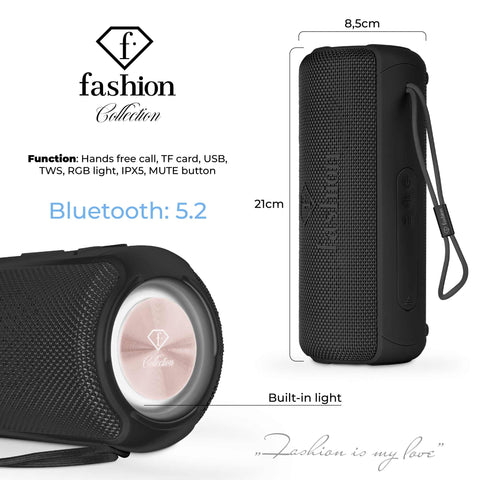 Product image of Bluetooth speaker medium size. Part of the MATTE BLACK- ROSE GOLD . Features: • Size: 8,5*8,9*21 cm • Bluetooth version 5.2 • Accessories: • Type C charging cable • Travel bag • Color: black- rose gold. (Studio view). Official Berlinger Haus product, boosted by Promintra sl.