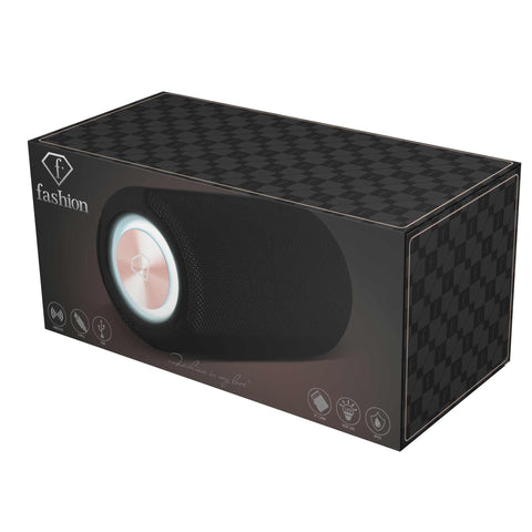Product image of Bluetooth speaker medium size. Part of the MATTE BLACK- ROSE GOLD . Features: • Size: 8,5*8,9*21 cm • Bluetooth version 5.2 • Accessories: • Type C charging cable • Travel bag • Color: black- rose gold. (Studio view). Official Berlinger Haus product, boosted by Promintra sl.