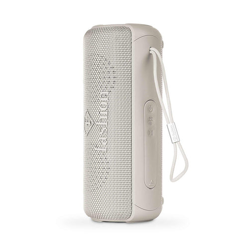 Product image of Bluetooth speaker medium size. Part of the MATTE CREAM- GOLD . Features: • Size: 8,5*8,9*21 cm • Bluetooth version 5.2 • Accessories: • Type C charging cable • Travel bag • Color: cream- gold. (Studio view). Official Berlinger Haus product, boosted by Promintra sl.