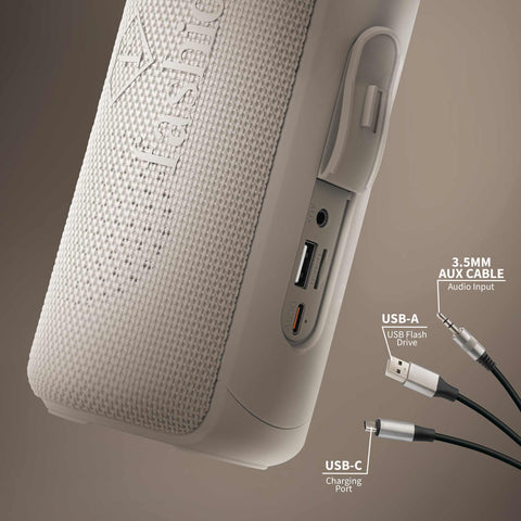 Product image of Bluetooth speaker medium size. Part of the MATTE CREAM- GOLD . Features: • Size: 8,5*8,9*21 cm • Bluetooth version 5.2 • Accessories: • Type C charging cable • Travel bag • Color: cream- gold. (Studio view). Official Berlinger Haus product, boosted by Promintra sl.