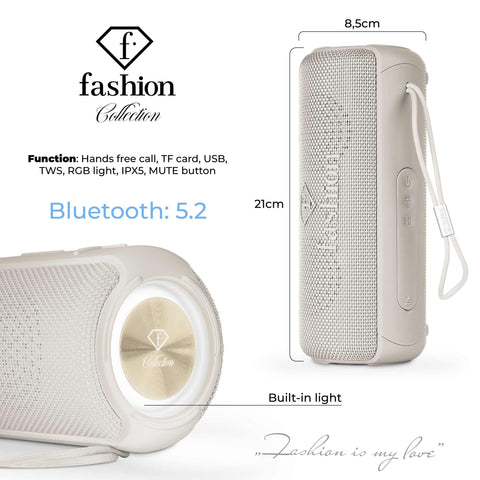 Product image of Bluetooth speaker medium size. Part of the MATTE CREAM- GOLD . Features: • Size: 8,5*8,9*21 cm • Bluetooth version 5.2 • Accessories: • Type C charging cable • Travel bag • Color: cream- gold. (Studio view). Official Berlinger Haus product, boosted by Promintra sl.