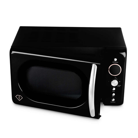 Product image of Digital microwave oven 20L. Part of the MATTE BLACK- ROSE GOLD . Features: • Input power: 1200W/ 2450 MHz • Output power: 700W • Capacity: 20L • Glass plate: Ø24,5 cm • Length of power cord: 100 cm • Color: black- rose gold. (Studio view). Official Berlinger Haus product, boosted by Promintra sl.