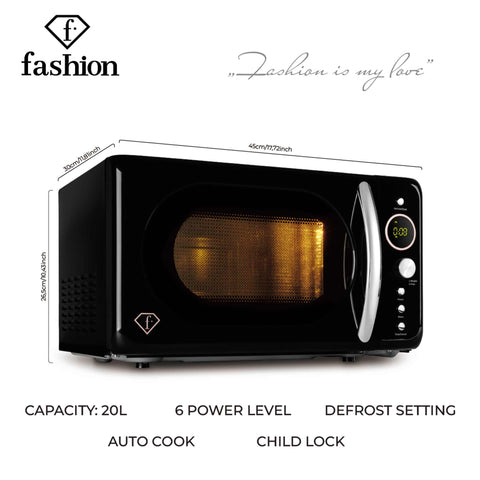 Product image of Digital microwave oven 20L. Part of the MATTE BLACK- ROSE GOLD . Features: • Input power: 1200W/ 2450 MHz • Output power: 700W • Capacity: 20L • Glass plate: Ø24,5 cm • Length of power cord: 100 cm • Color: black- rose gold. (Studio view). Official Berlinger Haus product, boosted by Promintra sl.