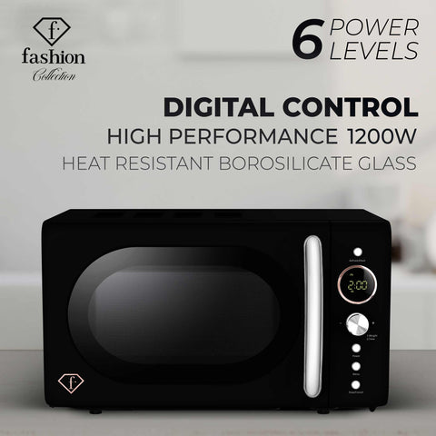 Product image of Digital microwave oven 20L. Part of the MATTE BLACK- ROSE GOLD . Features: • Input power: 1200W/ 2450 MHz • Output power: 700W • Capacity: 20L • Glass plate: Ø24,5 cm • Length of power cord: 100 cm • Color: black- rose gold. (Studio view). Official Berlinger Haus product, boosted by Promintra sl.