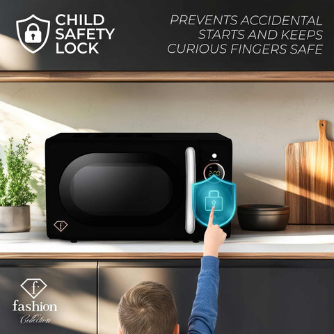 Product image of Digital microwave oven 20L. Part of the MATTE BLACK- ROSE GOLD . Features: • Input power: 1200W/ 2450 MHz • Output power: 700W • Capacity: 20L • Glass plate: Ø24,5 cm • Length of power cord: 100 cm • Color: black- rose gold. (Studio view). Official Berlinger Haus product, boosted by Promintra sl.