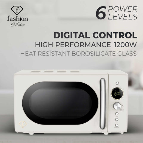 Product image of Digital microwave oven 20L. Part of the MATTE CREAM- GOLD . Features: • Input power: 1200W/ 2450 MHz • Output power: 700W • Capacity: 20L • Glass plate: Ø24,5 cm • Length of power cord: 100 cm • Color: cream- gold. (Studio view). Official Berlinger Haus product, boosted by Promintra sl.