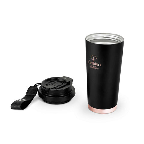 Product image of Coffee mug 0,5L. Part of the MATTE BLACK- ROSE GOLD . Features: • High resistance painting • Material: inner body 18/10 stainless steel, cap: plastic • Capacity: 0,5 L • Color: black- rose gold • Packing: color .... (Studio view). Official Berlinger Haus product, boosted by Promintra sl.
