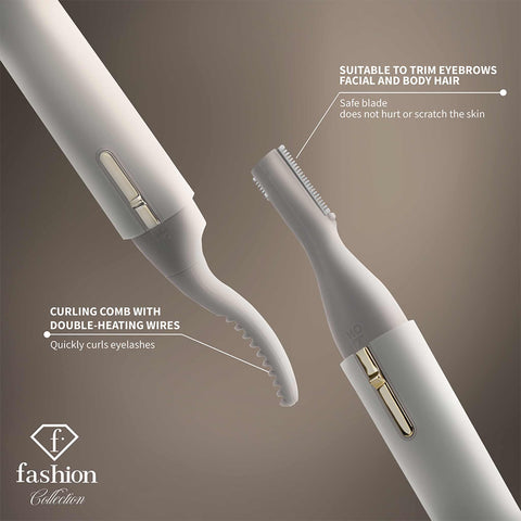 Product image of Heated eyelash curler and electric shaver 2in1. Part of the MATTE CREAM- GOLD . Features: • Heated eyelash curler size: 140.5*18.8*15 mm • Double-heating wires • Electric shaver size: 134.8*17.5*12.7 mm • Stainless steel blades • Accesso.... (Studio view). Official Berlinger Haus product, boosted by Promintra sl.
