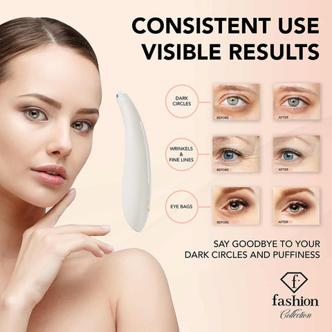 Product image of Eye massager. Part of the MATTE CREAM- GOLD . Features: • Size: 13.7*2.3*2.5 cm • Heats up to 40℃ • Touch sensor (starts when the head touches the skin) • Battery: 1 pc AAA (not inc.) • Color: cream- gold. (Studio view). Official Berlinger Haus product, boosted by Promintra sl.