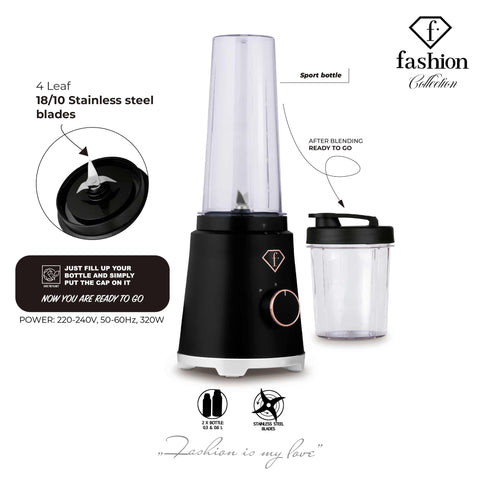 Product image of Smoothie maker. Part of the MATTE BLACK- ROSE GOLD . Features: • Material: stainless steel, plastic • Power: 320 W • 220-240 V 50/60 Hz • 2 pcs takeaway jar with lid: 300 ml and 600 ml • Length of power cord: 8.... (Studio view). Official Berlinger Haus product, boosted by Promintra sl.