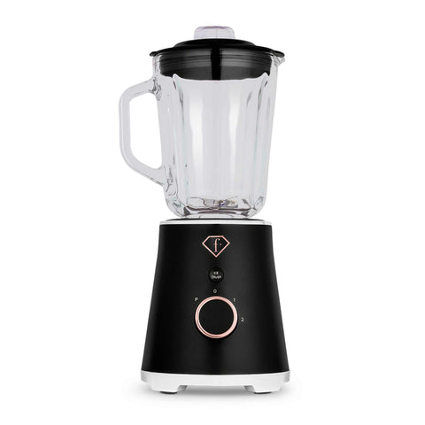 Product image of Table blender with 1,5L GLASS jar 1000W. Part of the MATTE BLACK- ROSE GOLD . Features: • Material: plastic, glass • Power: 1000 W • Voltage: 220-240V, 50-60 Hz • 1,5 L glass jar • Length of power cord: 80 cm • Color: black- rose gold. (Studio view). Official Berlinger Haus product, boosted by Promintra sl.