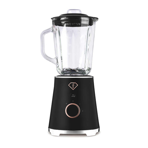 Product image of Table blender with 1,5L GLASS jar 1000W. Part of the MATTE BLACK- ROSE GOLD . Features: • Material: plastic, glass • Power: 1000 W • Voltage: 220-240V, 50-60 Hz • 1,5 L glass jar • Length of power cord: 80 cm • Color: black- rose gold. (Studio view). Official Berlinger Haus product, boosted by Promintra sl.