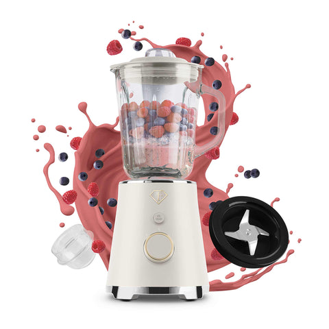 Imatge del producte de batedora de taula amb recipient de VIDRE d'1,5 L i 1000 W. Forma part de la sèrie MATTE CREAM-GOLD. Característiques: • Material: plàstic, vidre • Potència: 1000 W • Voltatge: 220-240 V, 50-60 Hz • Recipient de vidre d'1,5 L • Longitud del cable d'alimentació: 80 cm • Color: crema-daurat. (Vista d'estudi). Producte oficial de Berlinger, impulsat per Promintra sl.