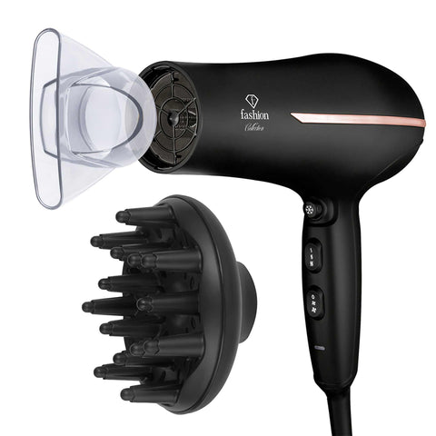 Product image of Professional hair dryer. Part of the MATTE BLACK- ROSE GOLD . Features: • 220-240V, 50-60 Hz, 1950-2300W • Dc motor • Accessories: • Nozzle • Diffuser • Length of power cord: 1,8 m • Color: black- rose gold. (Studio view). Official Berlinger Haus product, boosted by Promintra sl.