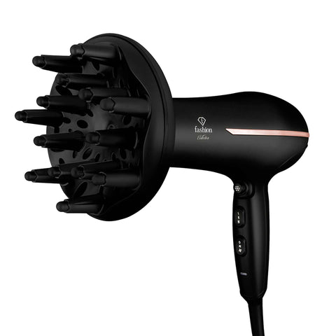 Product image of Professional hair dryer. Part of the MATTE BLACK- ROSE GOLD . Features: • 220-240V, 50-60 Hz, 1950-2300W • Dc motor • Accessories: • Nozzle • Diffuser • Length of power cord: 1,8 m • Color: black- rose gold. (Studio view). Official Berlinger Haus product, boosted by Promintra sl.