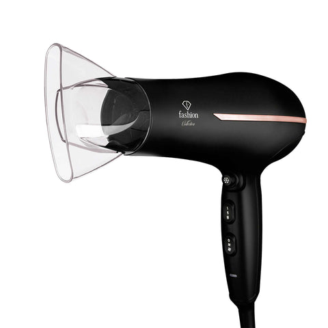 Product image of Professional hair dryer. Part of the MATTE BLACK- ROSE GOLD . Features: • 220-240V, 50-60 Hz, 1950-2300W • Dc motor • Accessories: • Nozzle • Diffuser • Length of power cord: 1,8 m • Color: black- rose gold. (Studio view). Official Berlinger Haus product, boosted by Promintra sl.