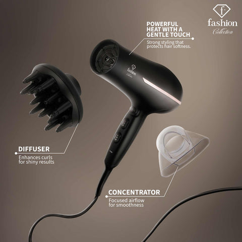 Product image of Professional hair dryer. Part of the MATTE BLACK- ROSE GOLD . Features: • 220-240V, 50-60 Hz, 1950-2300W • Dc motor • Accessories: • Nozzle • Diffuser • Length of power cord: 1,8 m • Color: black- rose gold. (Studio view). Official Berlinger Haus product, boosted by Promintra sl.