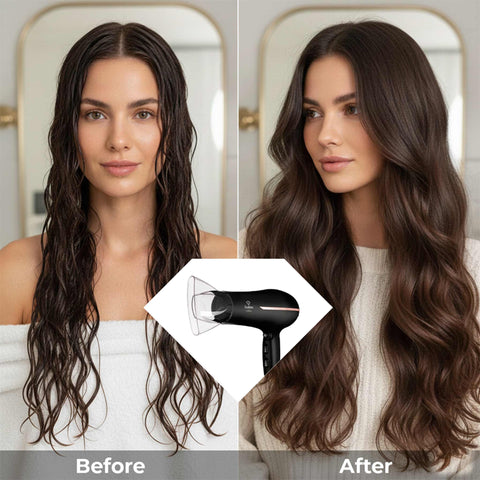 Product image of Professional hair dryer. Part of the MATTE BLACK- ROSE GOLD . Features: • 220-240V, 50-60 Hz, 1950-2300W • Dc motor • Accessories: • Nozzle • Diffuser • Length of power cord: 1,8 m • Color: black- rose gold. (Studio view). Official Berlinger Haus product, boosted by Promintra sl.