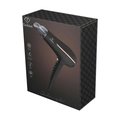 Product image of Professional hair dryer. Part of the MATTE BLACK- ROSE GOLD . Features: • 220-240V, 50-60 Hz, 1950-2300W • Dc motor • Accessories: • Nozzle • Diffuser • Length of power cord: 1,8 m • Color: black- rose gold. (Studio view). Official Berlinger Haus product, boosted by Promintra sl.