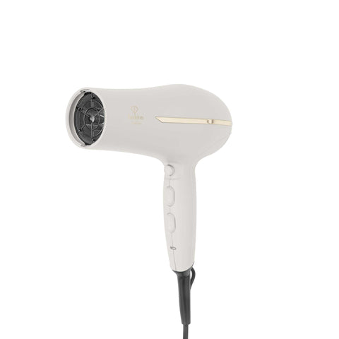 Product image of Professional hair dryer. Part of the MATTE CREAM- GOLD . Features: • 220-240V, 50-60 Hz, 1950-2300W • DC motor • Accessories: • Nozzle • Diffuser • Length of power cord: 1,8 m • Color: cream- gold. (Studio view). Official Berlinger Haus product, boosted by Promintra sl.