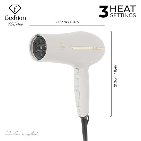 Imatge del producte d'assecador de cabells professional. Part de la sèrie MATTE CREAM-GOLD. Característiques: • 220-240V, 50-60 Hz, 1950-2300W • Motor de corrent continu • Accessoris: • Broquet • Difusor • Longitud del cable d'alimentació: 1,8 m • Color: crema-daurat. (Vista d'estudi). Producte oficial de Berlinger, impulsat per Promintra sl.