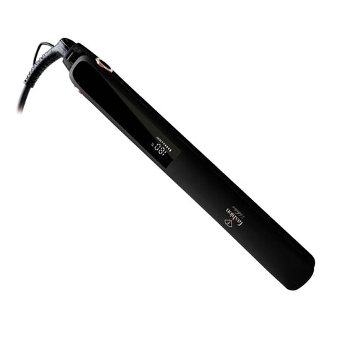 Product image of Hair straightener. Part of the MATTE BLACK- ROSE GOLD . Features: • 220-240V, 50-60 Hz, 50W • Maximum temperature: 210℃ • 25*110 mm heating plate with ceramic coating • Length of power cord: 1,8 m • Color: black- .... (Studio view). Official Berlinger Haus product, boosted by Promintra sl.
