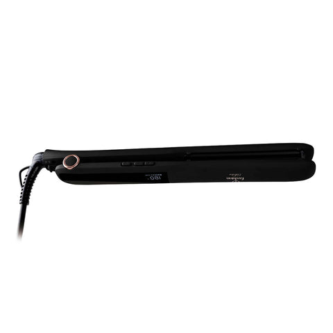 Product image of Hair straightener. Part of the MATTE BLACK- ROSE GOLD . Features: • 220-240V, 50-60 Hz, 50W • Maximum temperature: 210℃ • 25*110 mm heating plate with ceramic coating • Length of power cord: 1,8 m • Color: black- .... (Studio view). Official Berlinger Haus product, boosted by Promintra sl.
