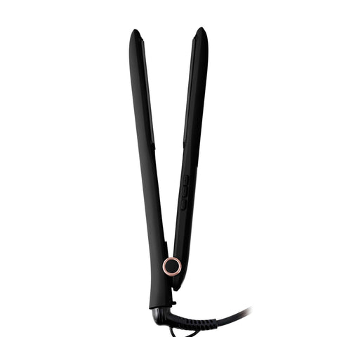 Product image of Hair straightener. Part of the MATTE BLACK- ROSE GOLD . Features: • 220-240V, 50-60 Hz, 50W • Maximum temperature: 210℃ • 25*110 mm heating plate with ceramic coating • Length of power cord: 1,8 m • Color: black- .... (Studio view). Official Berlinger Haus product, boosted by Promintra sl.