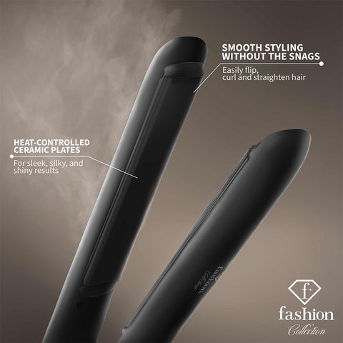 Product image of Hair straightener. Part of the MATTE BLACK- ROSE GOLD . Features: • 220-240V, 50-60 Hz, 50W • Maximum temperature: 210℃ • 25*110 mm heating plate with ceramic coating • Length of power cord: 1,8 m • Color: black- .... (Studio view). Official Berlinger Haus product, boosted by Promintra sl.