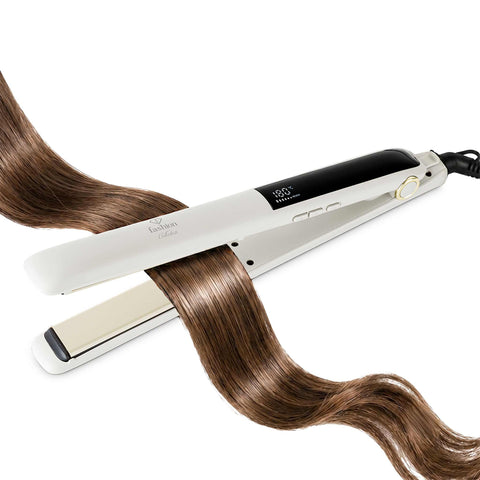 Product image of Hair straightener. Part of the MATTE CREAM- GOLD . Features: • 220-240V, 50-60 Hz, 50W • Maximum temperature: 210℃ • 25*110 mm heating plate with ceramic coating • Length of power cord: 1,8 m • Color: cream- .... (Studio view). Official Berlinger Haus product, boosted by Promintra sl.
