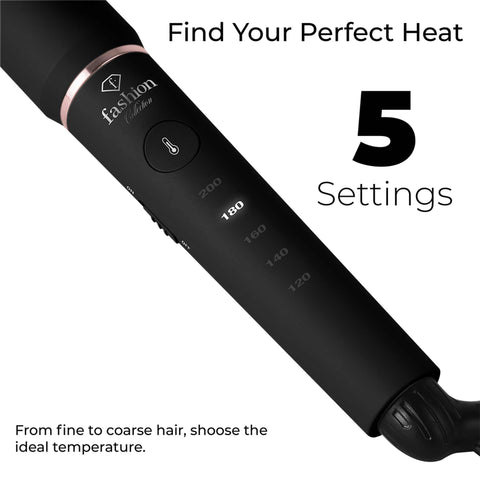 Product image of Hair curler. Part of the MATTE BLACK- ROSE GOLD . Features: • 100-240V, 50-60 Hz, 50-55W • Maximum temperature: 200℃ • 25 mm curling tong with ceramic coating • 5 pre-set temperatures: 120, 140, 160, 180, 20.... (Studio view). Official Berlinger Haus product, boosted by Promintra sl.