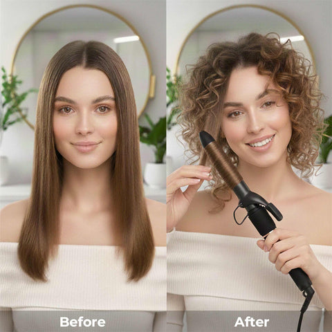 Product image of Hair curler. Part of the MATTE BLACK- ROSE GOLD . Features: • 100-240V, 50-60 Hz, 50-55W • Maximum temperature: 200℃ • 25 mm curling tong with ceramic coating • 5 pre-set temperatures: 120, 140, 160, 180, 20.... (Studio view). Official Berlinger Haus product, boosted by Promintra sl.