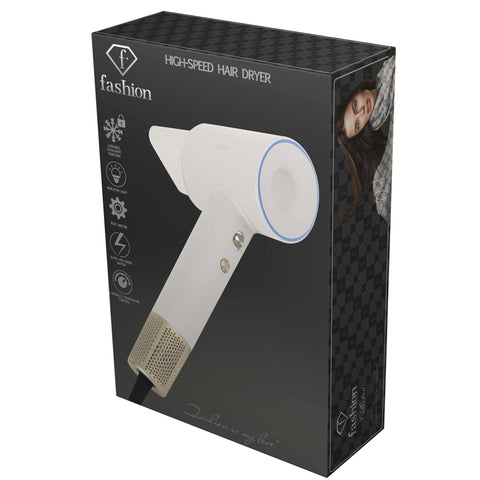 Product image of High speed hair dryer with BLDC motor (5x stronger motor). Part of the MATTE CREAM- GOLD . Features: • 220-240V, 50-60 Hz, 1350-1600W • BLDC motor (5x stronger motor) • Accessories: • Nozzle • Diffuser • Travel bag • Length of power cord: 1,8 m • C.... (Studio view). Official Berlinger Haus product, boosted by Promintra sl.