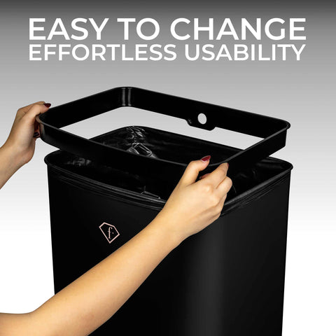Product image of Sensor bin 30L. Part of the MATTE BLACK- ROSE GOLD . Features: • Material: steel • Size: 40*30*67,5 cm, 30L • Power: 4 pcs AA battery (not included) • Color: black- rose gold. (Studio view). Official Berlinger Haus product, boosted by Promintra sl.