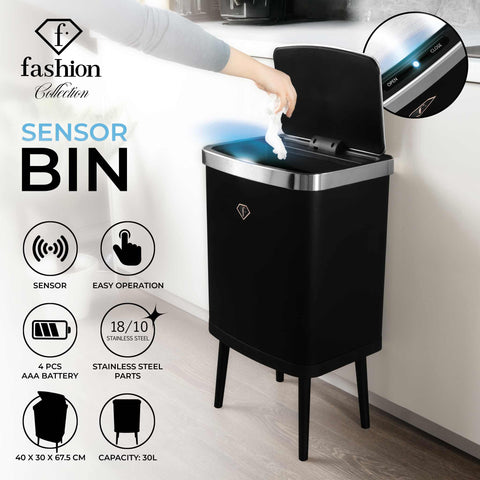Product image of Sensor bin 30L. Part of the MATTE BLACK- ROSE GOLD . Features: • Material: steel • Size: 40*30*67,5 cm, 30L • Power: 4 pcs AA battery (not included) • Color: black- rose gold. (Studio view). Official Berlinger Haus product, boosted by Promintra sl.