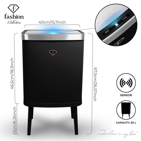Product image of Sensor bin 30L. Part of the MATTE BLACK- ROSE GOLD . Features: • Material: steel • Size: 40*30*67,5 cm, 30L • Power: 4 pcs AA battery (not included) • Color: black- rose gold. (Studio view). Official Berlinger Haus product, boosted by Promintra sl.