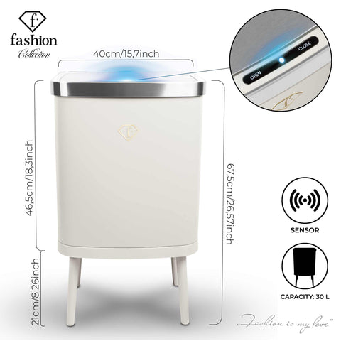 Imatge del producte de la paperera Sensor 30L. Part de la sèrie MATTE CREAM-GOLD. Característiques: • Material: acer • Mida: 40*30*67,5 cm, 30L • Alimentació: 4 piles AA (sense piles incloses) • Color: crema-daurat. (Vista d'estudi). Producte oficial de Berlinger, impulsat per Promintra sl.