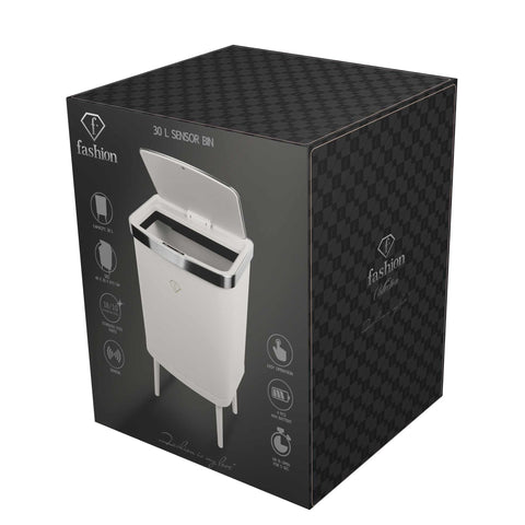 Imatge del producte de la paperera Sensor 30L. Part de la sèrie MATTE CREAM-GOLD. Característiques: • Material: acer • Mida: 40*30*67,5 cm, 30L • Alimentació: 4 piles AA (sense piles incloses) • Color: crema-daurat. (Vista d'estudi). Producte oficial de Berlinger, impulsat per Promintra sl.