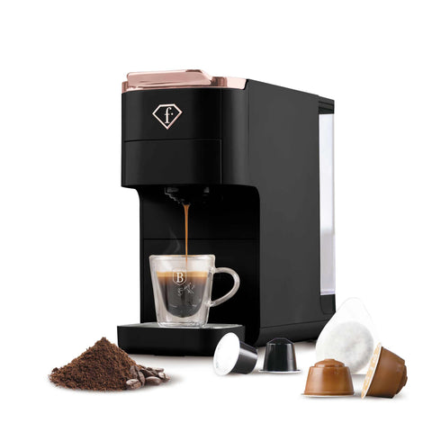 Product image of Capsule coffee maker 4in1. Part of the MATTE BLACK- ROSE GOLD . Features: • Voltage: 220-240V, 50/60Hz • Power: 1545W • 1,5L water tank • Detachable tray design • Accessories: • Nespresso small capsules holder • Dolce Gus.... (Conceptual view). Official Berlinger Haus product, boosted by Promintra sl.