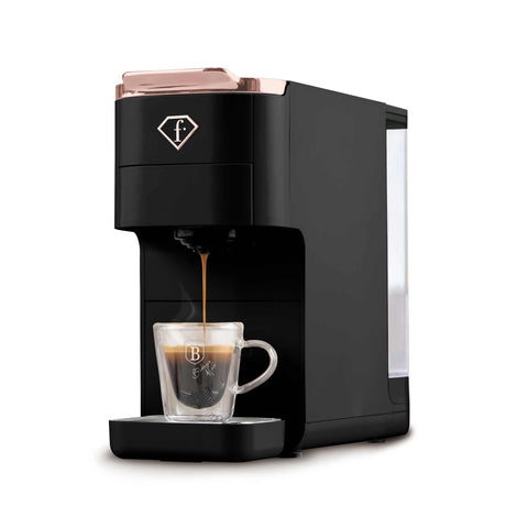 Product image of Capsule coffee maker 4in1. Part of the MATTE BLACK- ROSE GOLD . Features: • Voltage: 220-240V, 50/60Hz • Power: 1545W • 1,5L water tank • Detachable tray design • Accessories: • Nespresso small capsules holder • Dolce Gus.... (Conceptual view). Official Berlinger Haus product, boosted by Promintra sl.
